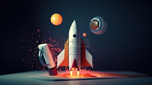 网络分析插图背景图片_网络分析界面 3d 渲染的火箭插图，用于社交媒体营销概念