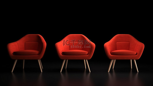 在黑色孤立背景下以 3D 形式呈现的当代红色扶手椅