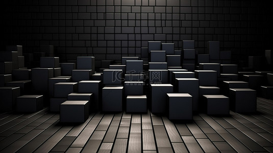 深色墙壁背景下的 3D 渲染黑色立方体盒子