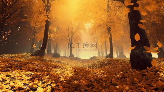 秋天的魔法森林闪闪发光的金色薄雾和 3D 渲染的落黄叶