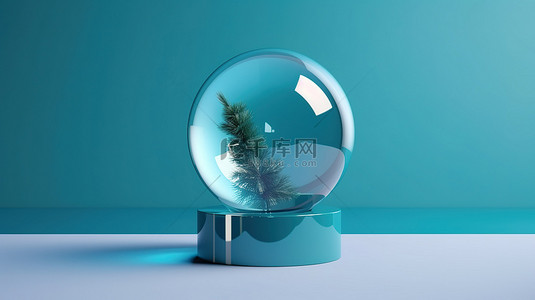 3D 渲染中蓝色背景白色基座上的豪华极简主义抽象玻璃圣诞球