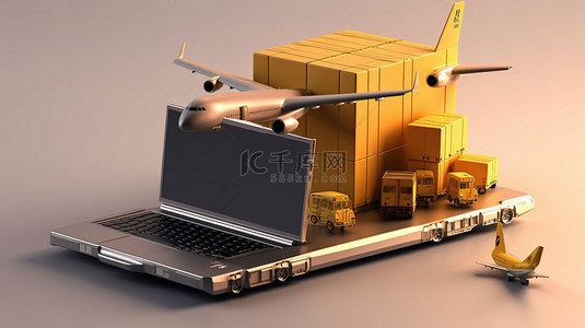 航空物流背景图片_创新物流笔记本电脑飞机船舶和卡车的 3D 渲染插图
