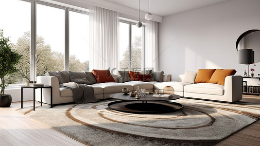 私人住宅的现代客厅设计毛绒地毯玻璃顶咖啡桌和白色墙壁 3D 渲染