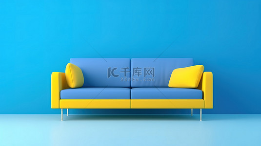 3d 呈现的白色和黄色背景上的当代蓝色沙发