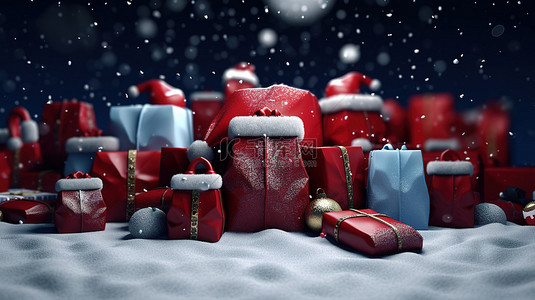 节日圣诞礼品袋与圣诞老人新年欢呼和溢出的礼物 3D 渲染