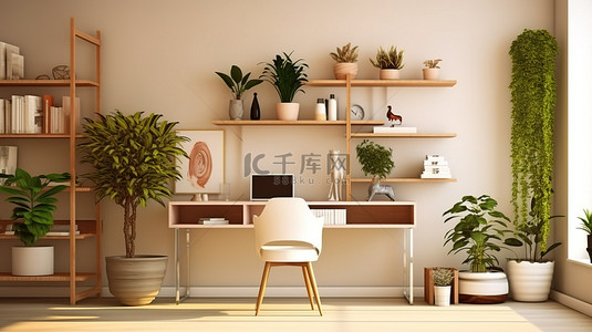 家庭书房背景图片_现代家庭办公室工作台书架花盆框架和椅子的 3D 渲染