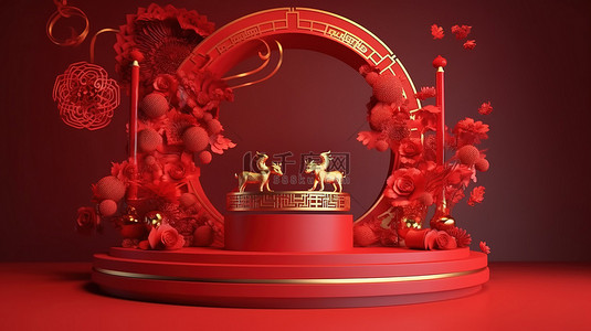红背景2022背景图片_以中国新年为灵感的讲台装饰着 3D 渲染