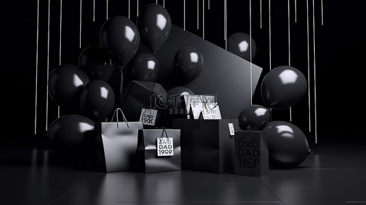 空白标签礼品盒购物袋和气球黑色星期五销售横幅概念设计的 3D 渲染