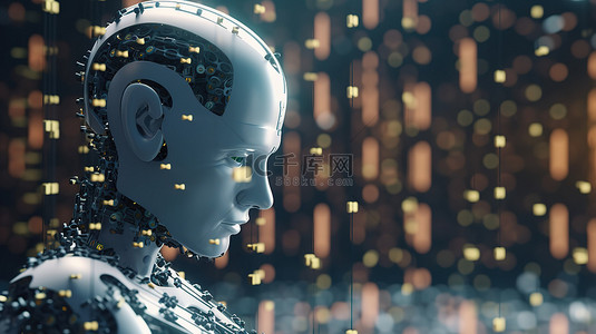 智能学习背景背景图片_具有二进制代码背景的机器人考虑机器学习 3d 渲染