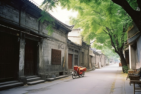 有一条街道两旁种满了树木和一座亚洲建筑