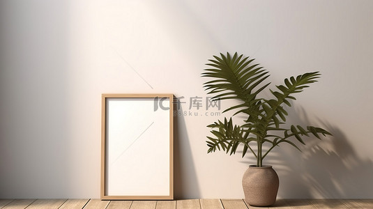 海报背景墙壁背景图片_模拟一个黑色框架，白墙上有垫子，木地板上有叶影和阳光 3D 渲染