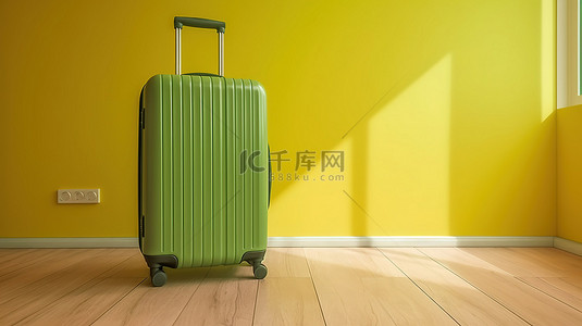 绿色飞机背景图片_带 3d 渲染黄色旅行手提箱的绿色房间