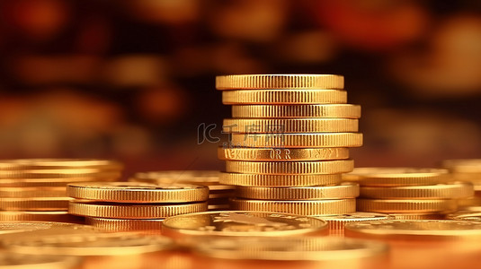 货币兑换 3D 渲染金币堆栈，金色背景上带有欧元符号