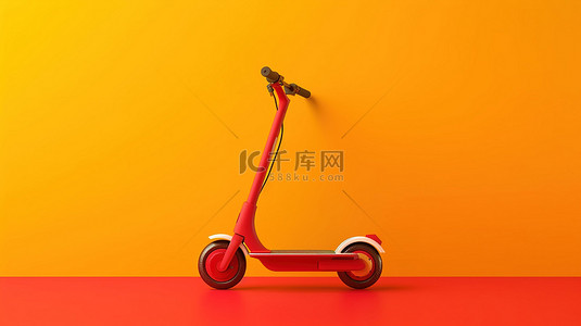 生态友好的红色电动滑板车，在 3D 渲染的充满活力的红色和黄色背景上