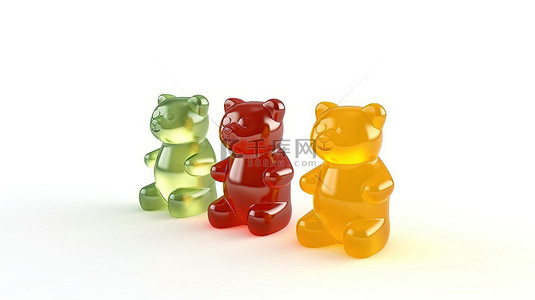 软糖熊喜悦彩色果冻豆在白色背景上为儿童 3D 渲染