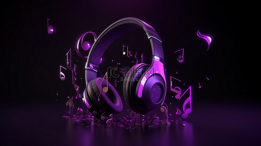 充满活力的紫色背景上注入了几何 3d 耳机的音符