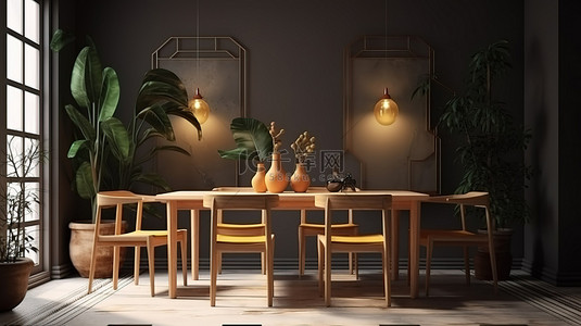 室内场景与木制餐椅令人惊叹的 3D 渲染和插图