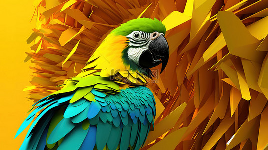 创意数字海报背景图片_黄色金刚鹦鹉在 3D 数字拼贴与现代艺术设计在黄色背景
