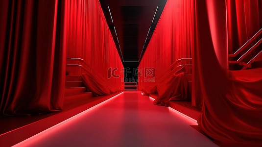 活动贵宾背景图片_3D 长红地毯，配有绳索屏障楼梯和窗帘，非常适合 VIP 活动