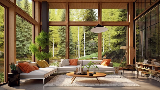 森林之家舒适客厅内部的 3D 渲染