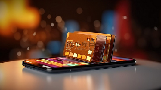 智能手机信用卡支付 3D 渲染手持移动设备用于在线购物