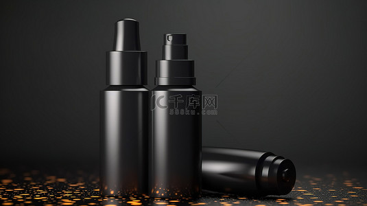 空洗发水瓶子背景图片_面部血清和黑色化妆品管样机的 3D 插图