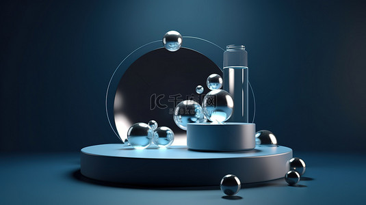 3D 渲染场景中带有金属气泡的产品讲台设置在蓝色背景下以进行动态演示