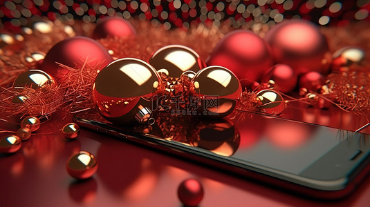假日特卖背景图片_节日背景与 3d 手机和圣诞装饰品