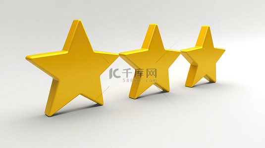 客户评级反馈 3D 插图黄色星形图标在 3D 渲染的白色背景上