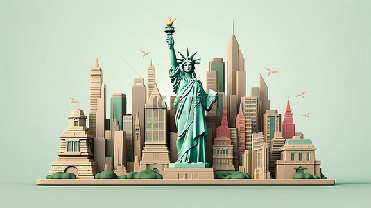 纽约市的标志性地标是假期和旅行海报的必游之地，带有 3D 插图