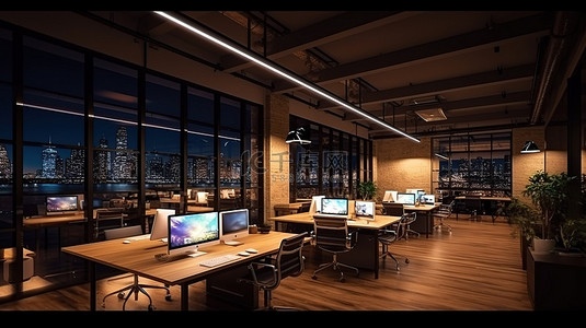 办公室内时尚的夜间联合办公空间，配有双笔记本电脑模型 3D 渲染