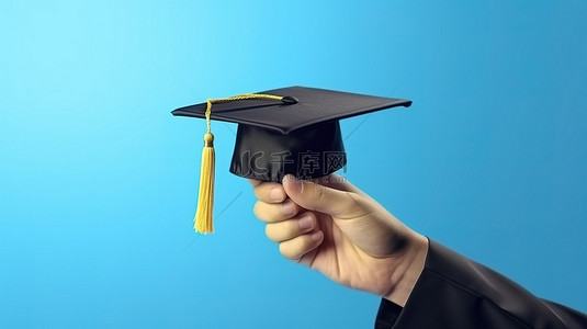 即将结束背景图片_蓝色背景，手拿着毕业帽，象征教育的结束
