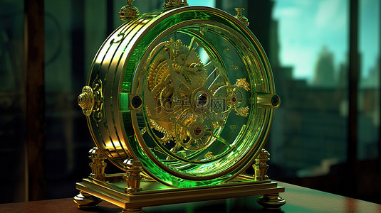 绿色背景中的复古黄金时代时钟古董，通过玻璃可以看到 3D 渲染机制