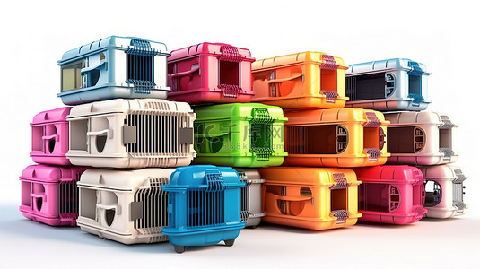 机场行李背景图片_白色背景上与彩色聚碳酸酯手提箱相邻的宠物旅行塑料笼运输箱的 3D 渲染