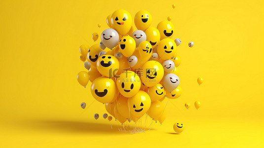 3D 渲染的 facebook 反应表情符号与黄色背景下的社交媒体气球符号