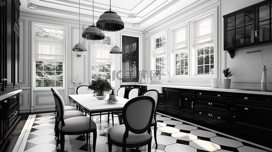 经典风格厨房和餐厅内部的黑白 3D 渲染