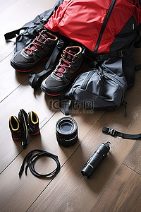 背包画册背景图片_木桌上放着一个包相机和登山靴