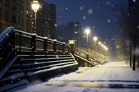 雪夜景背景图片_有光的雪人行道