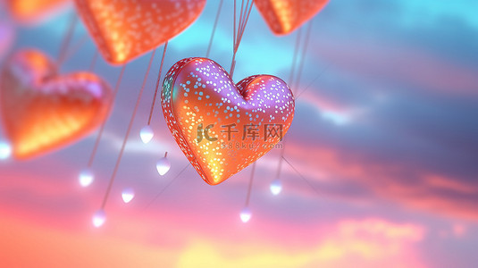 恋爱纪念日背景图片_柔和的天空，在 3D 渲染图像中，闪烁着光芒，围绕着美丽的心闪闪发光