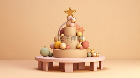 讲台树和玩具的 3D 渲染，装饰着圣诞快乐和新年快乐装饰
