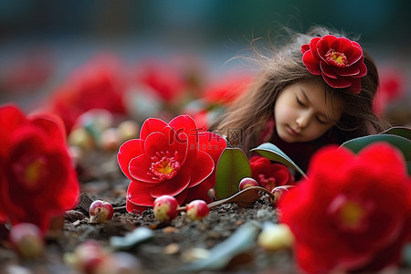 红色的花朵坐在花园里的泥土上