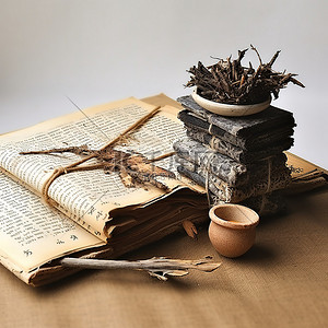 旧书背景图片_一本书，上面有旧书茶和棍子