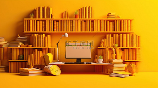 笔记本电脑和计算机的桌面布置，书架背景为黄色 3D 渲染插图