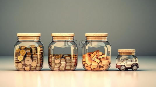 金融钱罐背景图片_3D 渲染的玻璃罐和雕刻木盒，用于存放硬币和其他物品