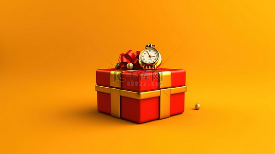 背景黄色新年背景图片_圣诞节和新年的 3D 效果图节日礼品盒隔离在充满活力的红色和黄色背景上
