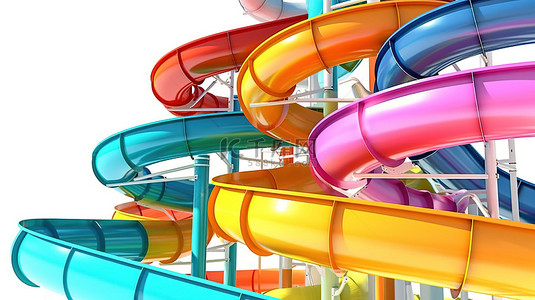 夏天运动背景图片_水上公园充满活力的水滑梯，以 3D 创建的白色背景为背景