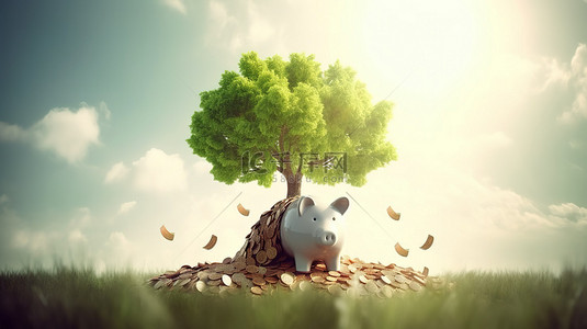 3d 插图中的金钱树和存钱罐