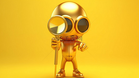黄色背景，3D 渲染的吉祥物拿着放大镜，荣获金色奖杯