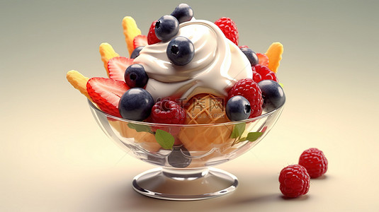 美味的蜂蜜背景图片_美味的冰淇淋甜点，带有大量水果和浆果 3D AI 渲染