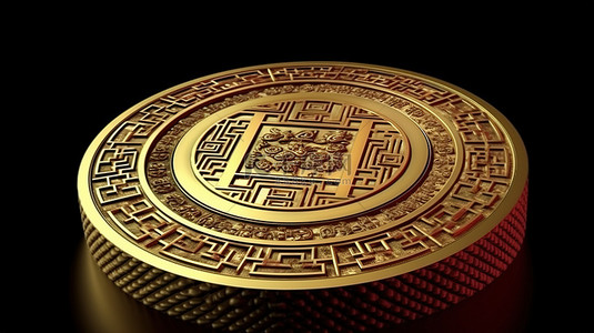 中国古代金币的真实 3D 插图，非常适合红色背景的亚洲节日